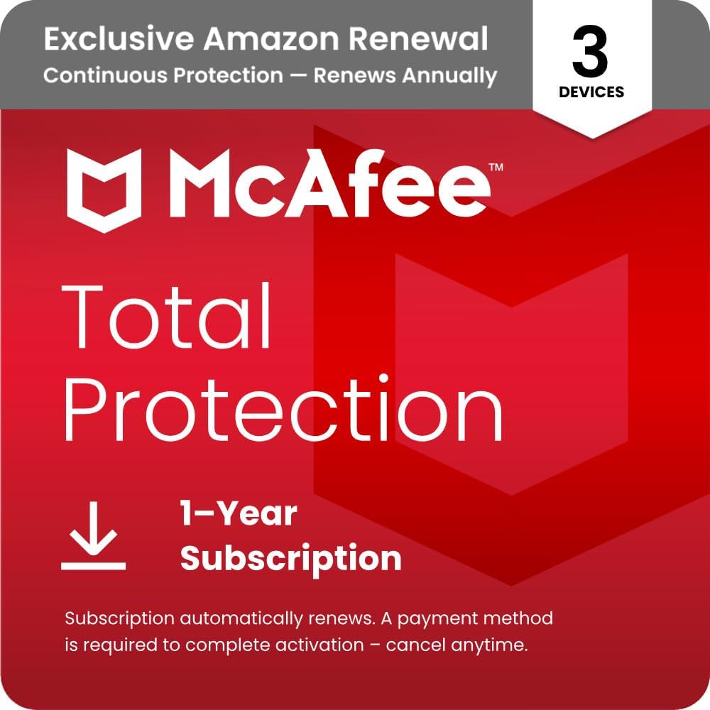 McAfee Total Protection 3-Device 2025 Ready |Security Software Includes Antivirus, Secure VPN, Password Manager, Identity Monitoring | 1 Year Subscription with Auto Renewal