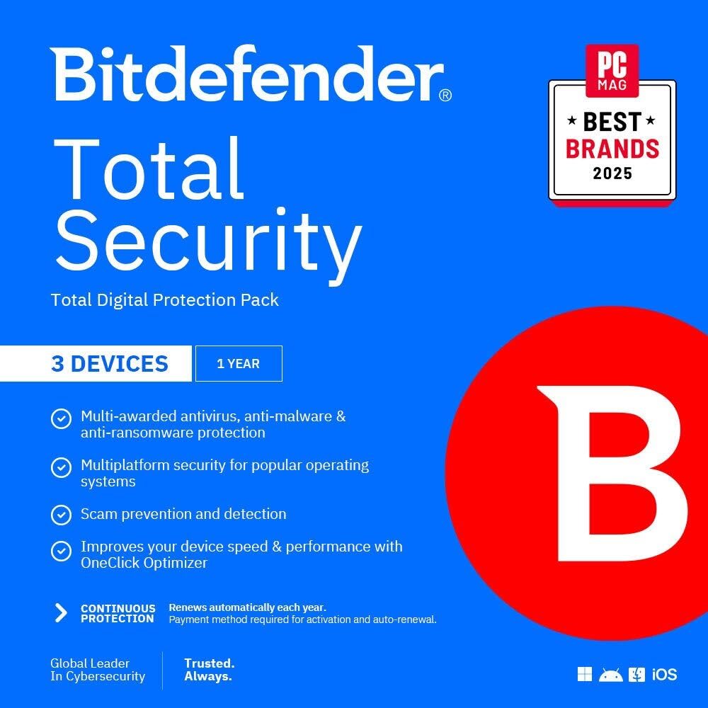 Bitdefender Total Security - 3 Devices | 1 year Subscription with Auto-Renewal | PC/Mac | Activation Code by email [Online Code]