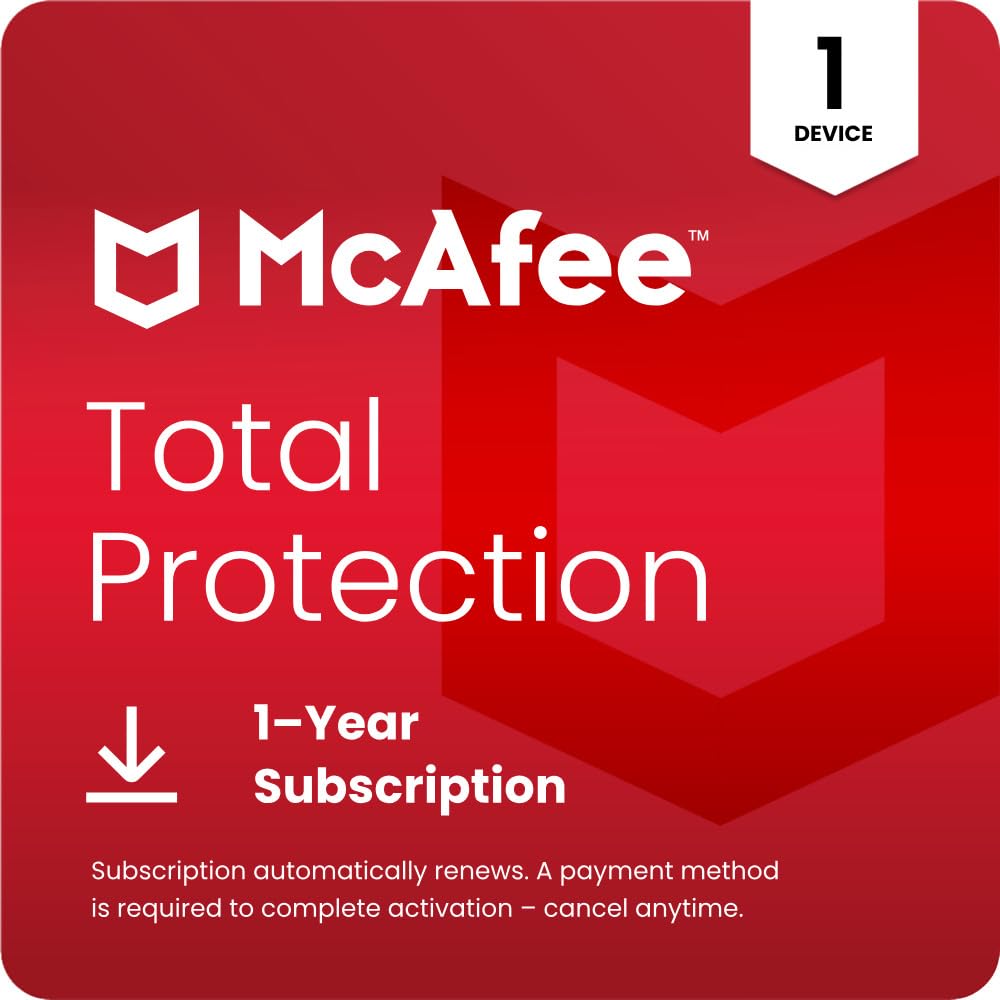 McAfee Total Protection 1-Device | AntiVirus Software 2026 for Windows PC & Mac, AI Scam Detection, VPN, Password Manager, Identity Monitoring | 1-Year Subscription with Auto-Renewal | Download