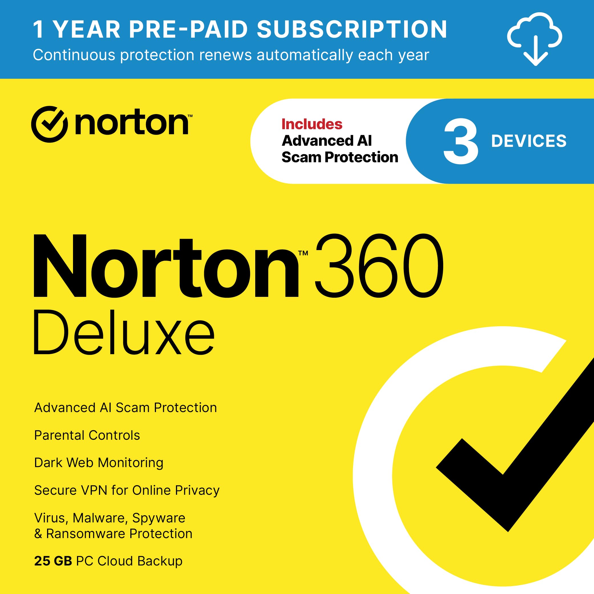 Norton 360 Deluxe 2026 Ready, Antivirus software for 3 Devices with Auto-Renewal – Includes Advanced AI Scam Protection, VPN, Dark Web Monitoring & PC Cloud Backup [Download]