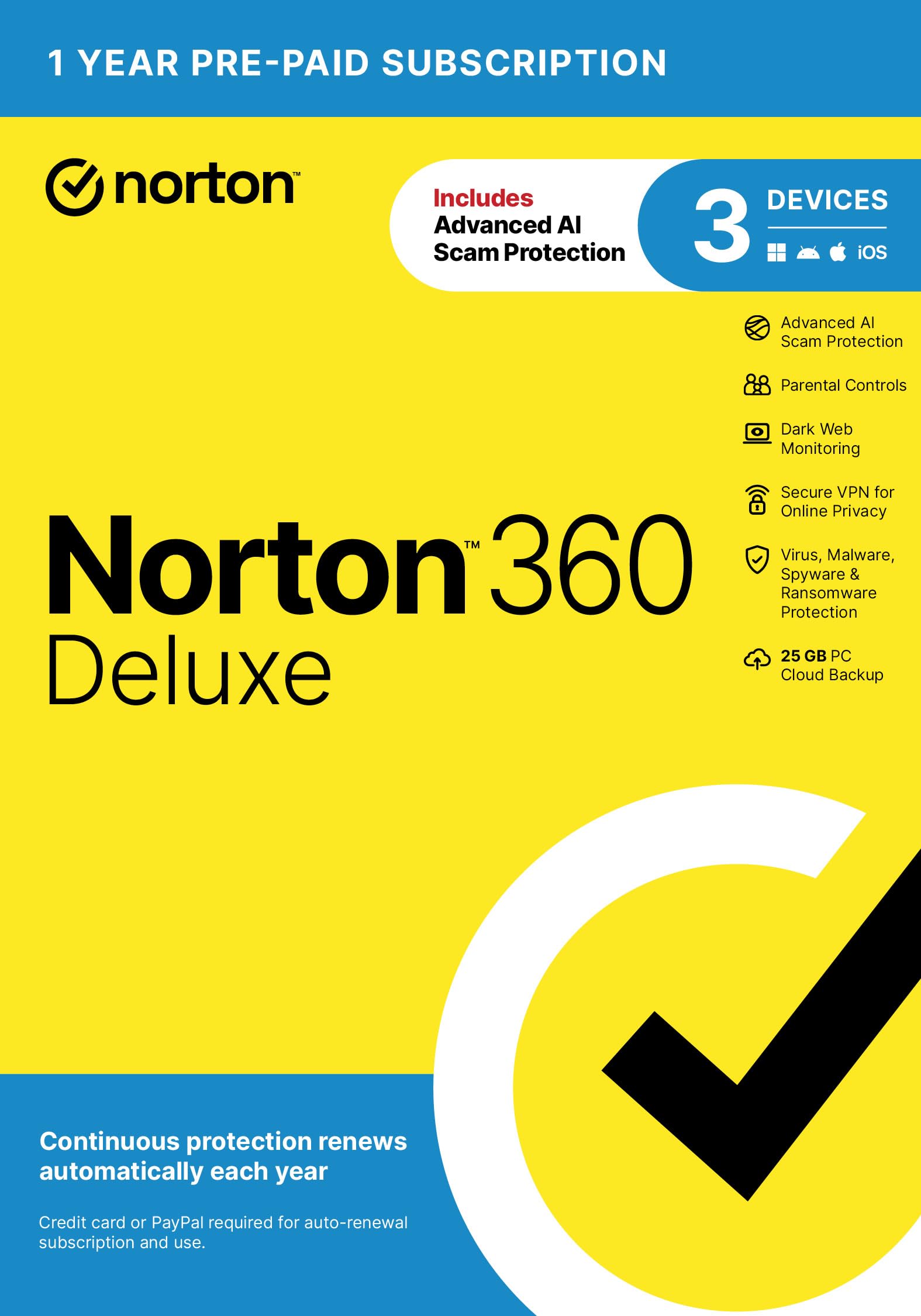 Norton 360 Deluxe 2026 Ready, Antivirus software for 3 Devices with Auto-Renewal – Includes Advanced AI Scam Protection, VPN, Dark Web Monitoring & PC Cloud Backup [Key Card]