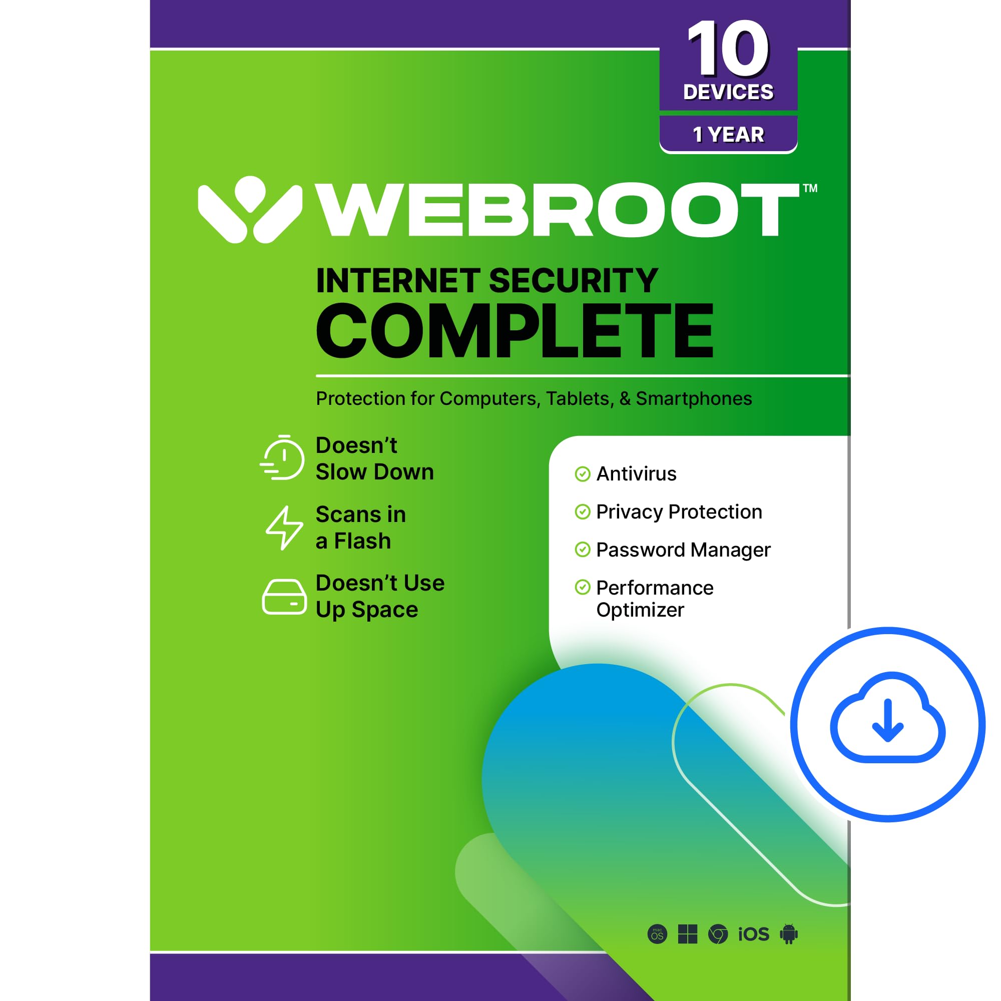 Webroot Internet Security Complete Antivirus Software 2026 10 Device 1 Year Download for PC/Mac/Chromebook/Android/IOS + Password Manager, Performance Optimizer